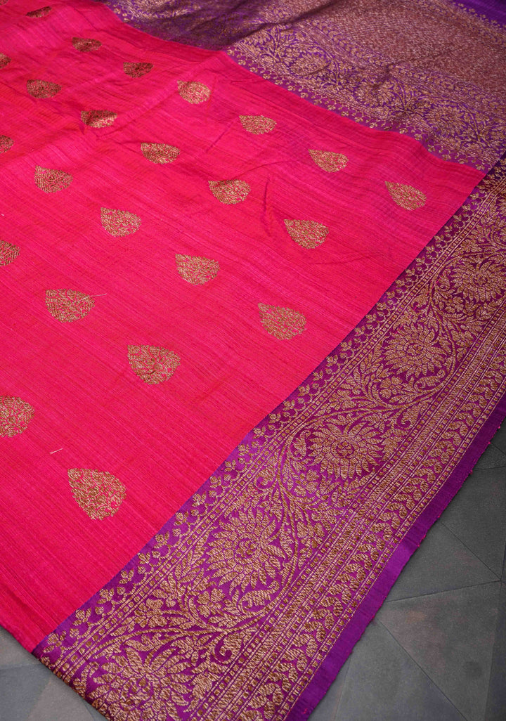 Amaranth Pink Pure Banarasi Dupion Silk Saree with Antique Zari Buttas and Contrast Zari Border | SILK MARK CERTIFIED