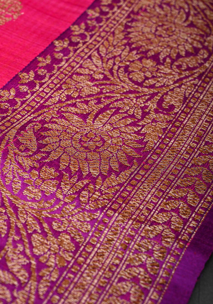 Amaranth Pink Pure Banarasi Dupion Silk Saree with Antique Zari Buttas and Contrast Zari Border | SILK MARK CERTIFIED