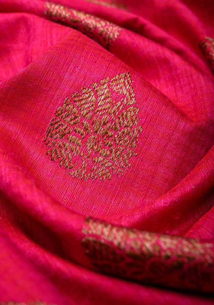 Amaranth Pink Pure Banarasi Dupion Silk Saree with Antique Zari Buttas and Contrast Zari Border | SILK MARK CERTIFIED