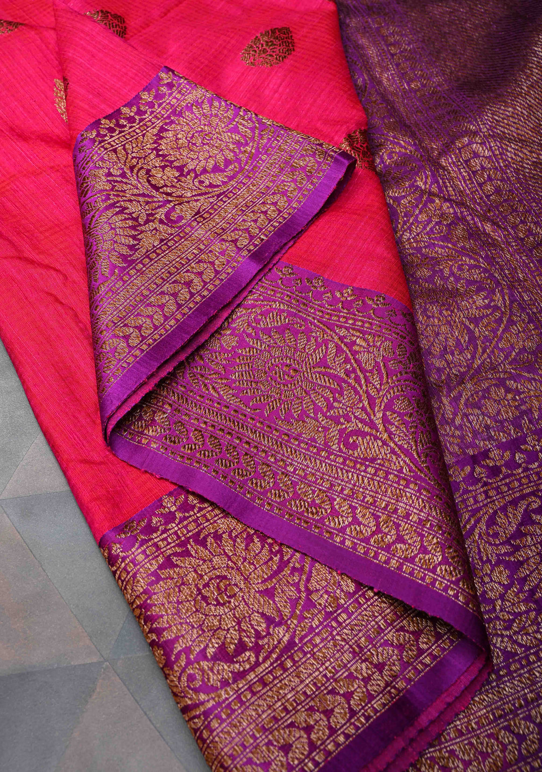 Amaranth Pink Pure Banarasi Dupion Silk Saree with Antique Zari Buttas and Contrast Zari Border | SILK MARK CERTIFIED