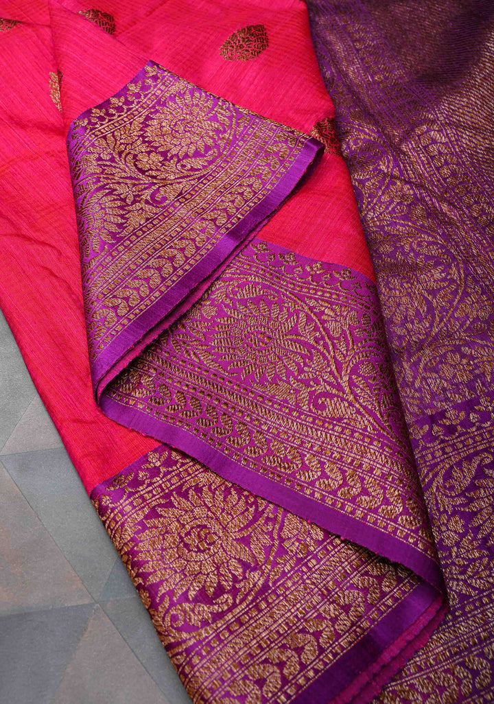 Amaranth Pink Pure Banarasi Dupion Silk Saree with Antique Zari Buttas and Contrast Zari Border | SILK MARK CERTIFIED