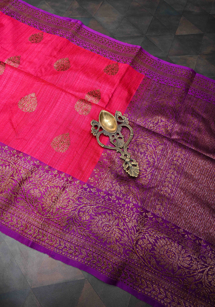 Amaranth Pink Pure Banarasi Dupion Silk Saree with Antique Zari Buttas and Contrast Zari Border | SILK MARK CERTIFIED