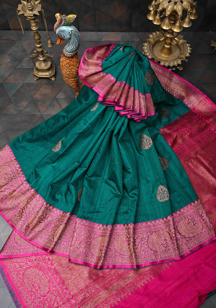 Pure Banarasi Dupion Silk Saree in Teal with Antique Floral Zari Butta Contrast Zari Border | SILK MARK CERTIFIED