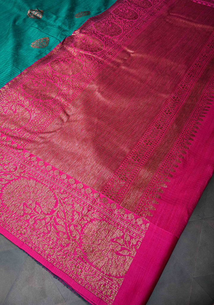 Pure Banarasi Dupion Silk Saree in Teal with Antique Floral Zari Butta Contrast Zari Border | SILK MARK CERTIFIED