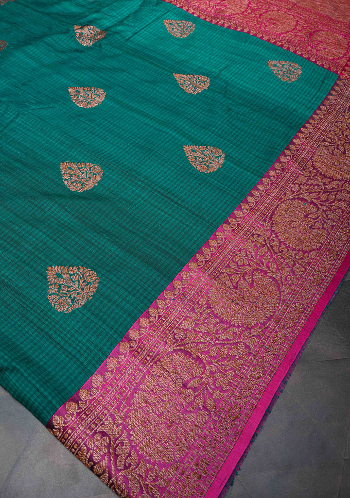 Pure Banarasi Dupion Silk Saree in Teal with Antique Floral Zari Butta Contrast Zari Border | SILK MARK CERTIFIED