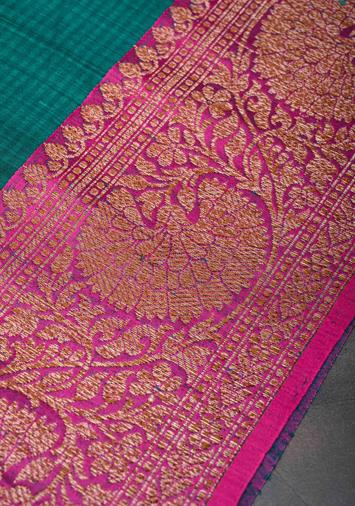 Pure Banarasi Dupion Silk Saree in Teal with Antique Floral Zari Butta Contrast Zari Border | SILK MARK CERTIFIED