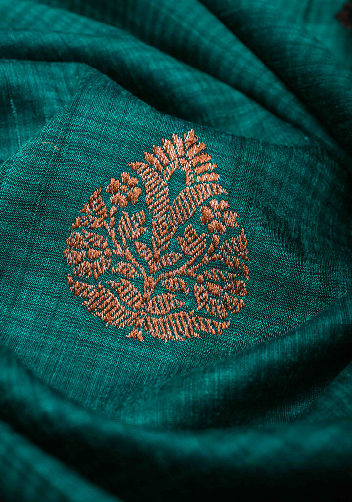 Pure Banarasi Dupion Silk Saree in Teal with Antique Floral Zari Butta Contrast Zari Border | SILK MARK CERTIFIED