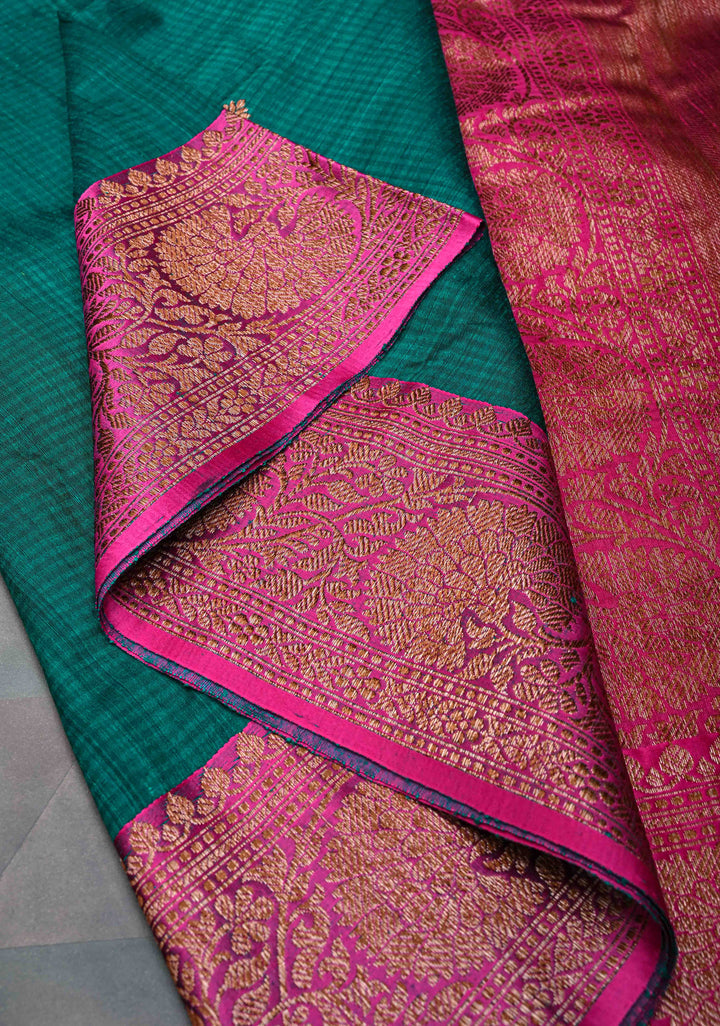 Pure Banarasi Dupion Silk Saree in Teal with Antique Floral Zari Butta Contrast Zari Border | SILK MARK CERTIFIED