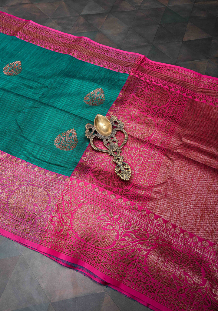 Pure Banarasi Dupion Silk Saree in Teal with Antique Floral Zari Butta Contrast Zari Border | SILK MARK CERTIFIED