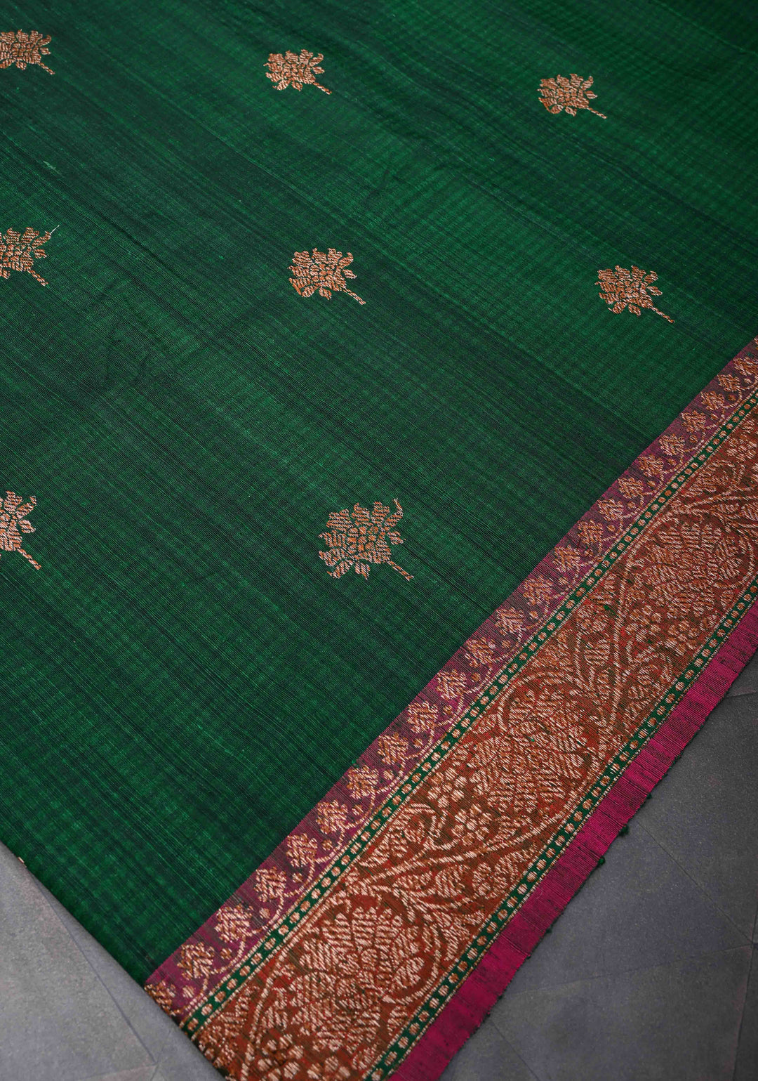 Dark Green Pure Banarasi Dupion Silk Saree with Floral Zari Buttas and Short width Purple Borders | SILK MARK CERTIFIED
