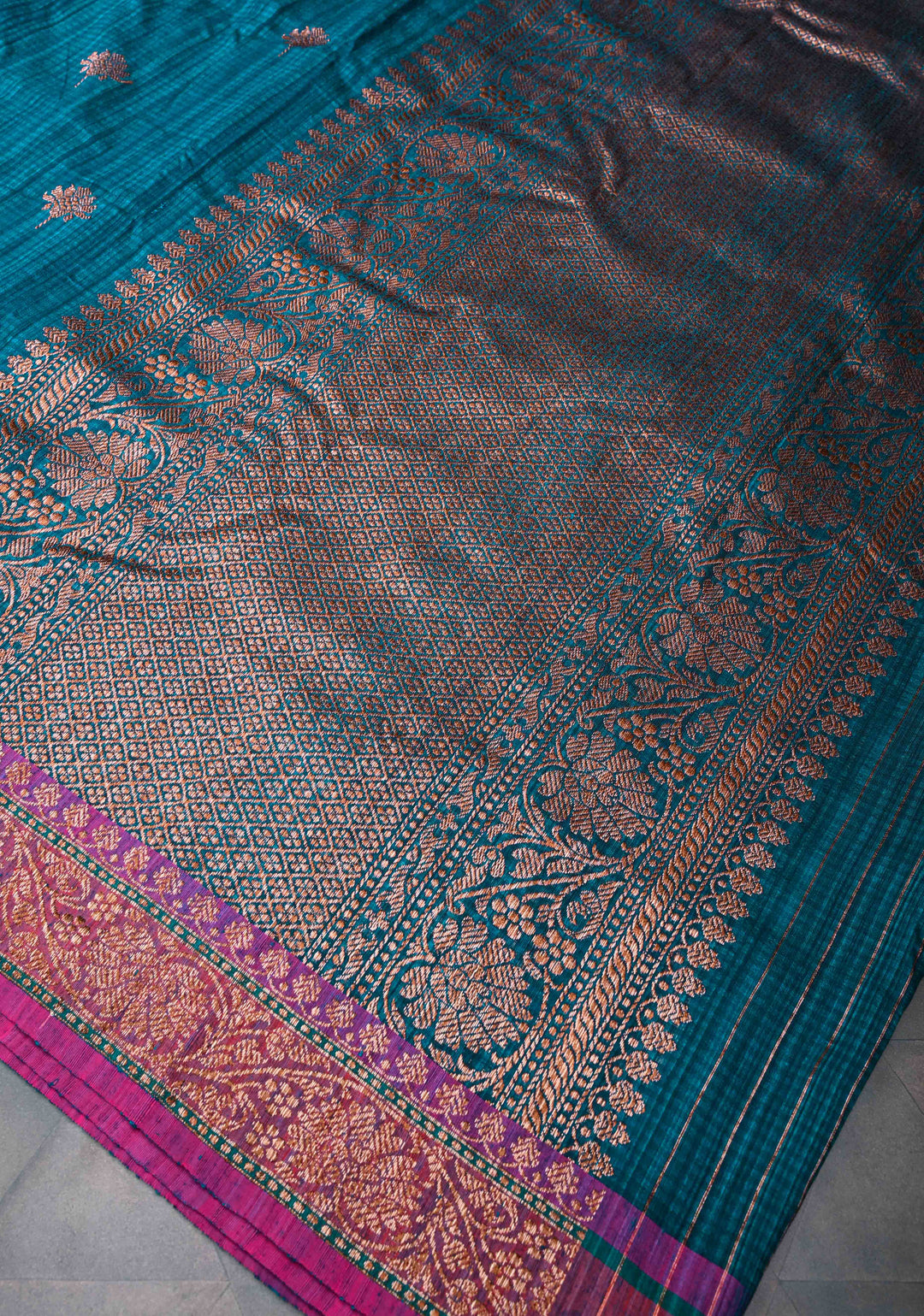 Peacock Blue Pure Banarasi Dupion Silk Saree with Antique Zari Buttas and Short width Purple Borders | SILK MARK CERTIFIED