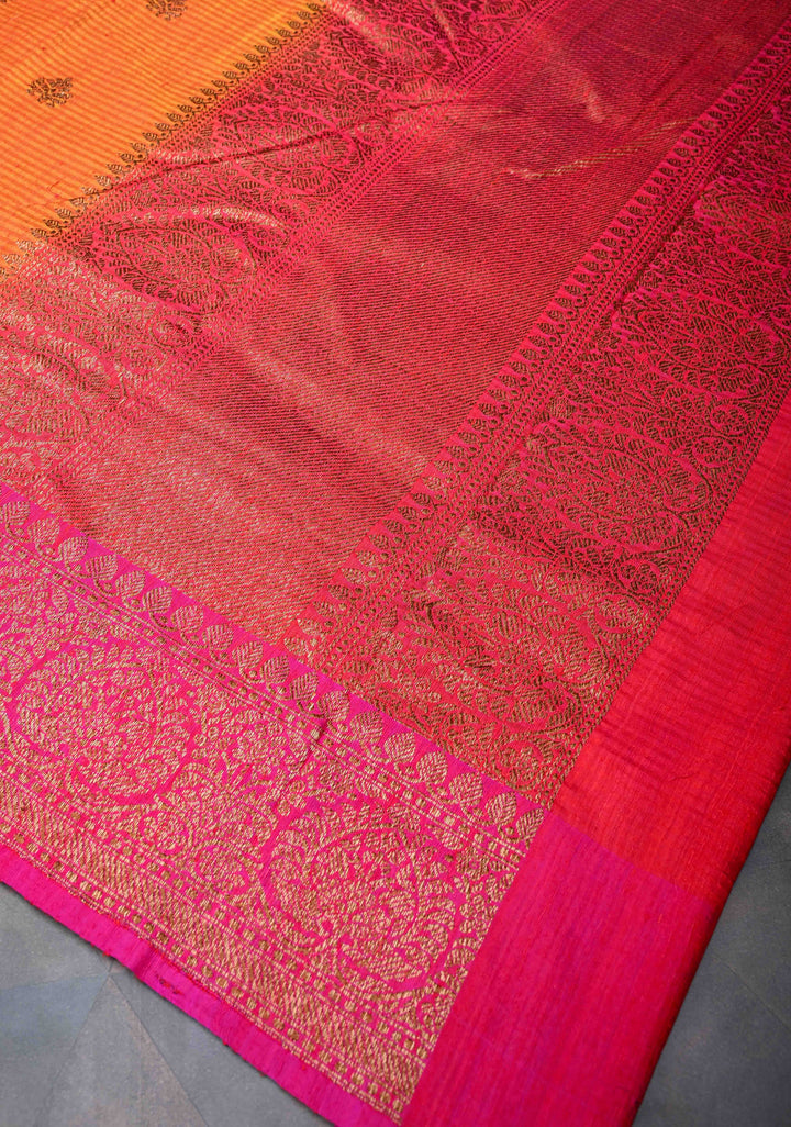 Orange Pure Banarasi Dupion Silk Saree with Muted Zari Buttas and Contrast Border | SILK MARK CERTIFIED