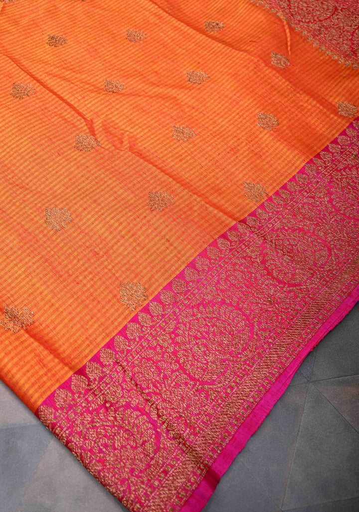 Orange Pure Banarasi Dupion Silk Saree with Muted Zari Buttas and Contrast Border | SILK MARK CERTIFIED