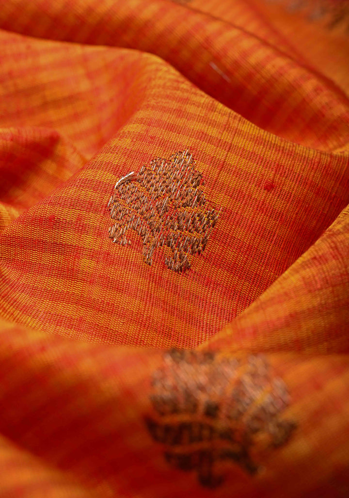 Orange Pure Banarasi Dupion Silk Saree with Muted Zari Buttas and Contrast Border | SILK MARK CERTIFIED