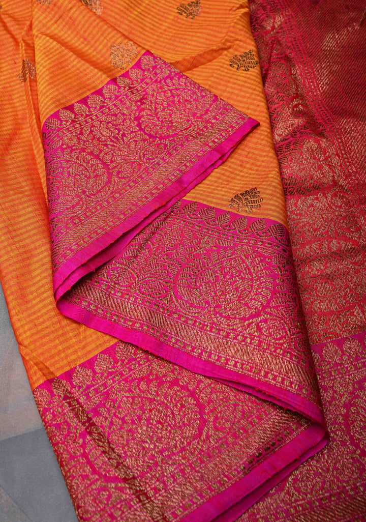 Orange Pure Banarasi Dupion Silk Saree with Muted Zari Buttas and Contrast Border | SILK MARK CERTIFIED