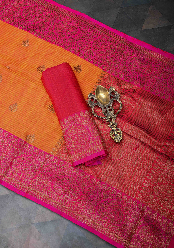 Orange Pure Banarasi Dupion Silk Saree with Muted Zari Buttas and Contrast Border | SILK MARK CERTIFIED