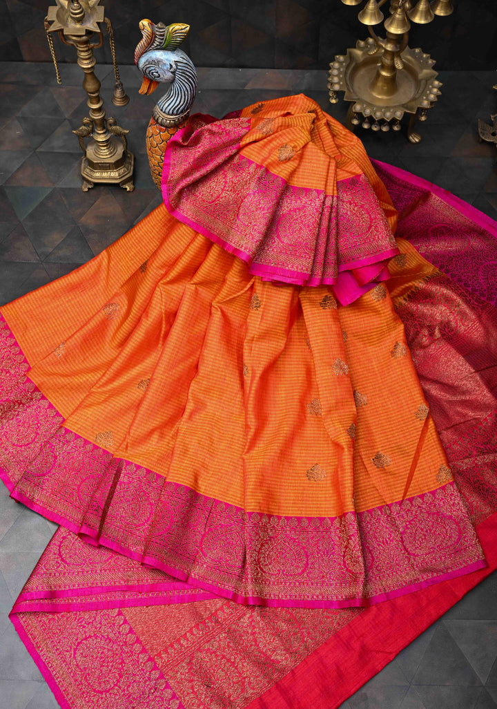 Orange Pure Banarasi Dupion Silk Saree with Muted Zari Buttas and Contrast Border | SILK MARK CERTIFIED