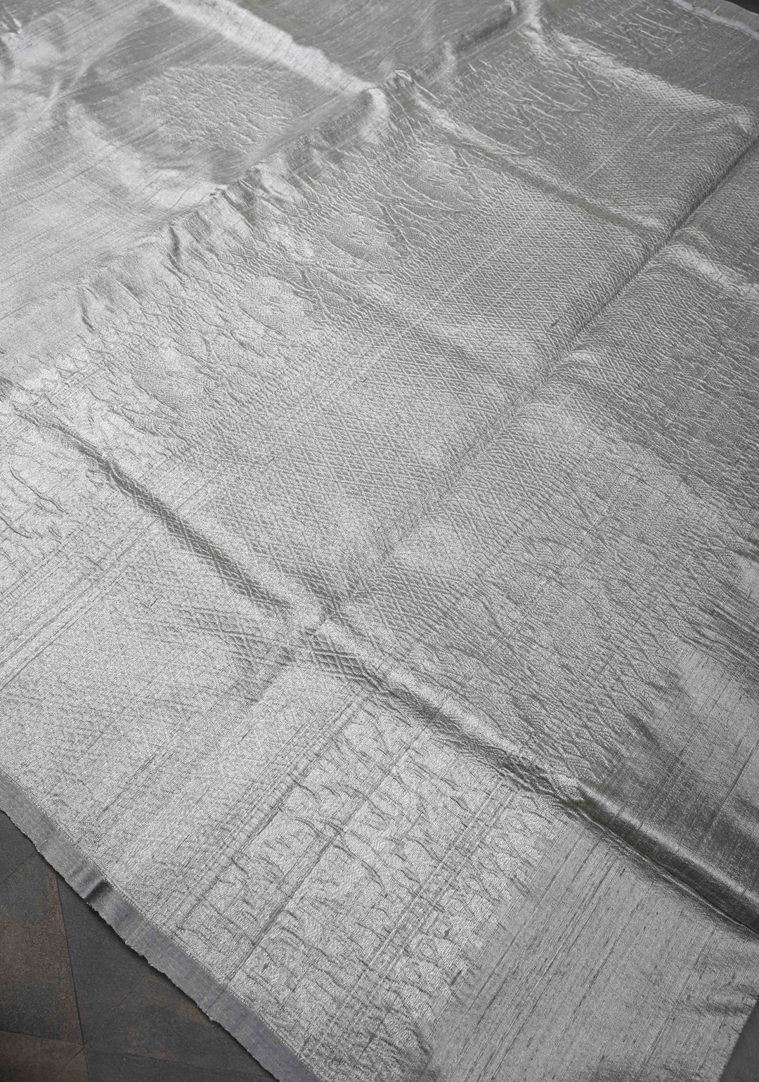 Gray Banarasi Borderless Raw Silk Saree with Muted Zari Buttas and Selvedge | SILK MARK CERTIFIED
