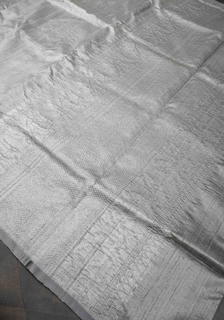 Gray Banarasi Borderless Raw Silk Saree with Muted Zari Buttas and Selvedge | SILK MARK CERTIFIED