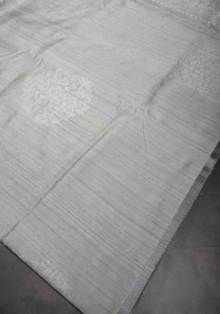 Gray Banarasi Borderless Raw Silk Saree with Muted Zari Buttas and Selvedge | SILK MARK CERTIFIED