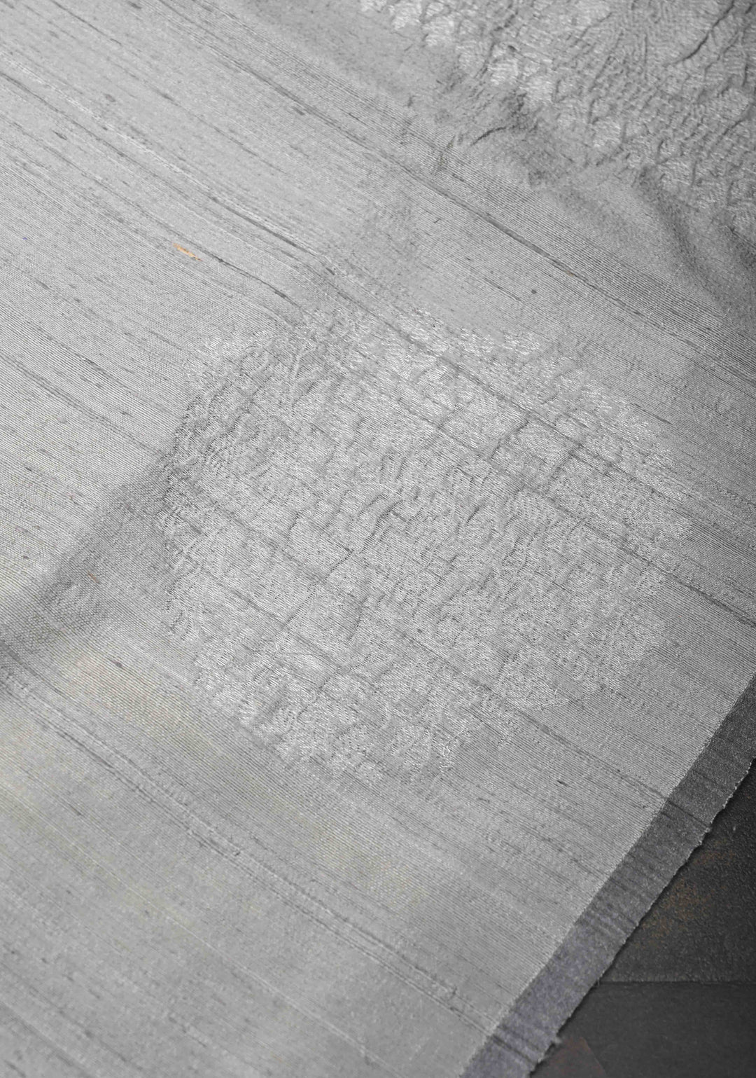 Gray Banarasi Borderless Raw Silk Saree with Muted Zari Buttas and Selvedge | SILK MARK CERTIFIED