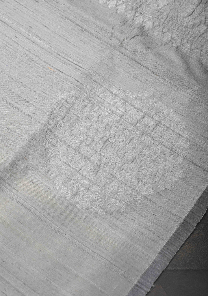 Gray Banarasi Borderless Raw Silk Saree with Muted Zari Buttas and Selvedge | SILK MARK CERTIFIED