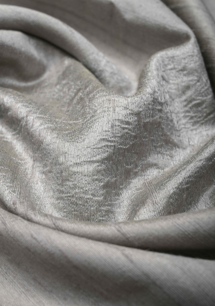 Gray Banarasi Borderless Raw Silk Saree with Muted Zari Buttas and Selvedge | SILK MARK CERTIFIED