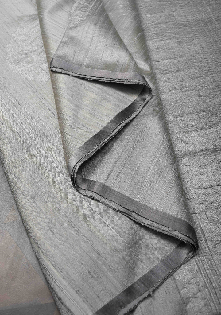 Gray Banarasi Borderless Raw Silk Saree with Muted Zari Buttas and Selvedge | SILK MARK CERTIFIED