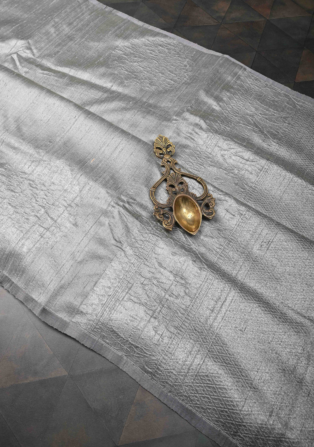 Gray Banarasi Borderless Raw Silk Saree with Muted Zari Buttas and Selvedge | SILK MARK CERTIFIED