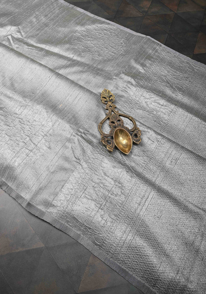 Gray Banarasi Borderless Raw Silk Saree with Muted Zari Buttas and Selvedge | SILK MARK CERTIFIED
