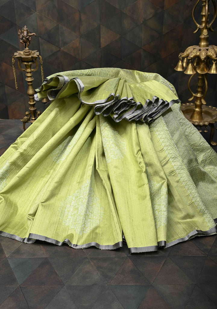 Tea Green Borderless Pure Banarasi Raw Silk Saree with Damask Buttas | SILK MARK CERTIFIED