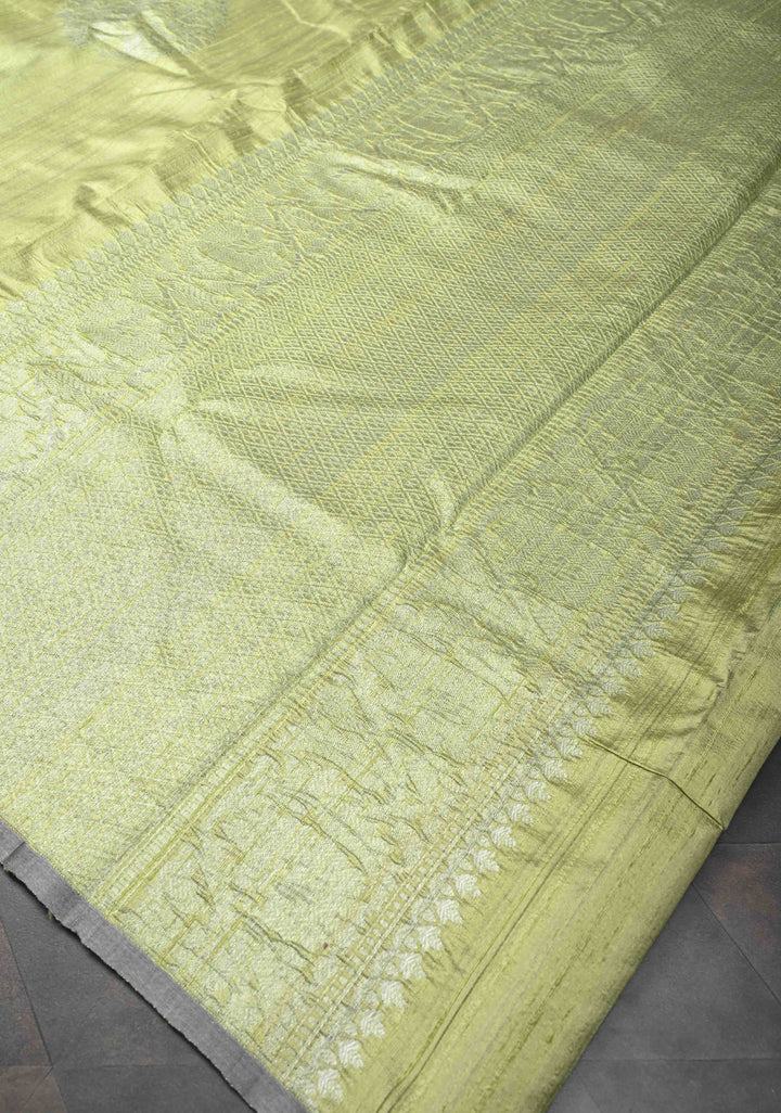 Tea Green Borderless Pure Banarasi Raw Silk Saree with Damask Buttas | SILK MARK CERTIFIED