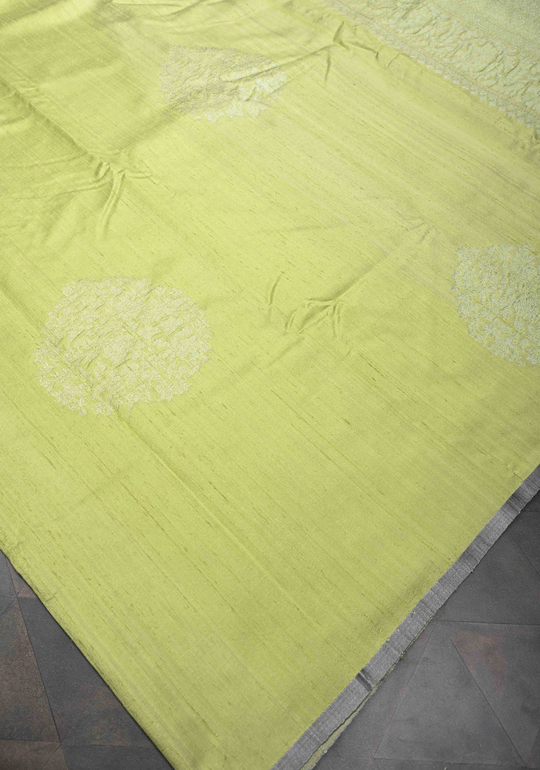Tea Green Borderless Pure Banarasi Raw Silk Saree with Damask Buttas | SILK MARK CERTIFIED