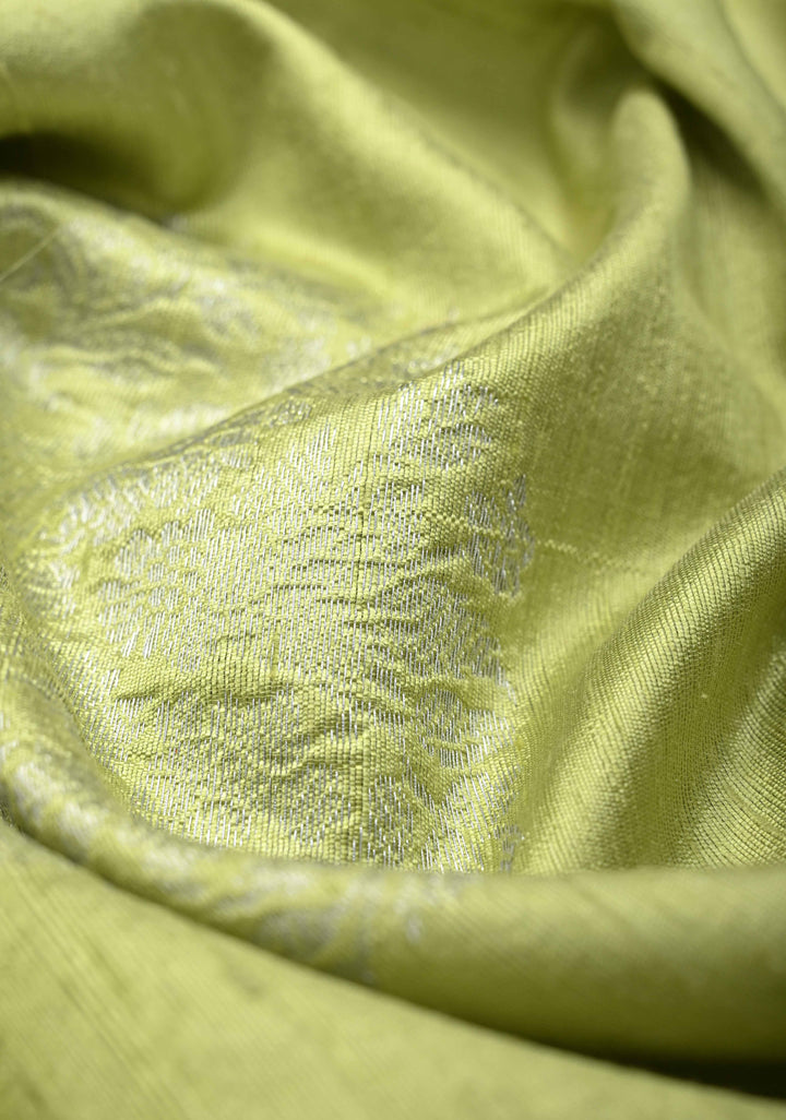 Tea Green Borderless Pure Banarasi Raw Silk Saree with Damask Buttas | SILK MARK CERTIFIED