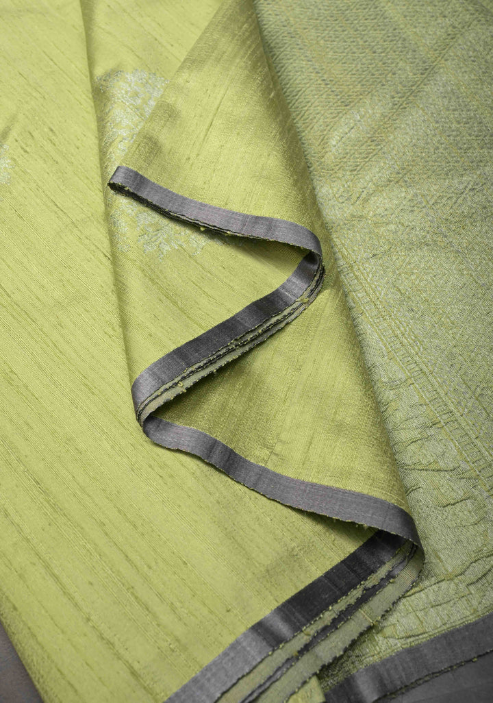 Tea Green Borderless Pure Banarasi Raw Silk Saree with Damask Buttas | SILK MARK CERTIFIED