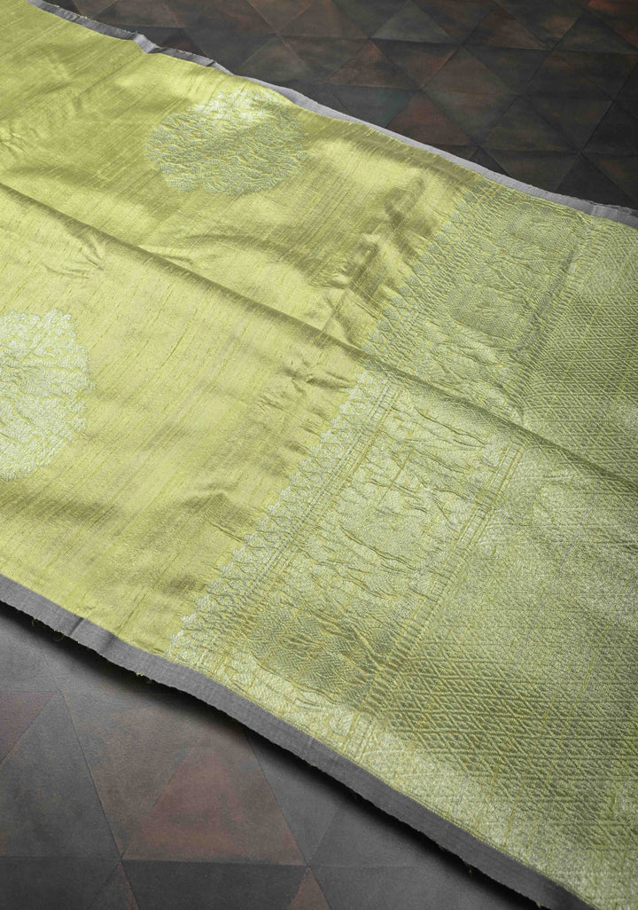 Tea Green Borderless Pure Banarasi Raw Silk Saree with Damask Buttas | SILK MARK CERTIFIED