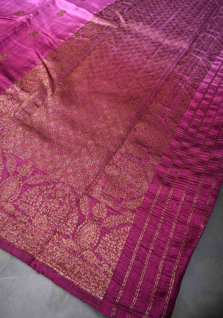 Raw Silk Banarasi Ombre Saree in Lavender, Magenta with Antique buttas and Zari Border | SILK MARK CERTIFIED
