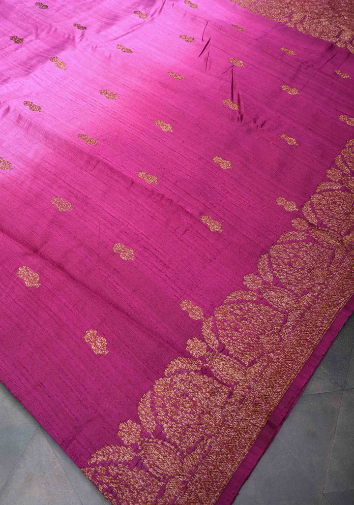Raw Silk Banarasi Ombre Saree in Lavender, Magenta with Antique buttas and Zari Border | SILK MARK CERTIFIED