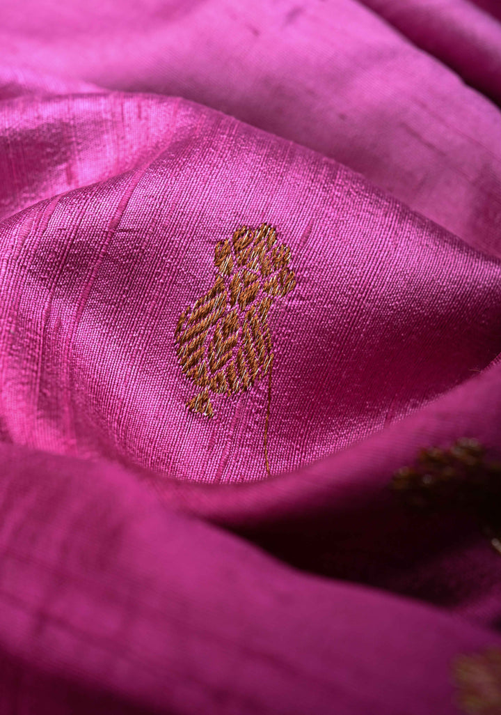 Raw Silk Banarasi Ombre Saree in Lavender, Magenta with Antique buttas and Zari Border | SILK MARK CERTIFIED
