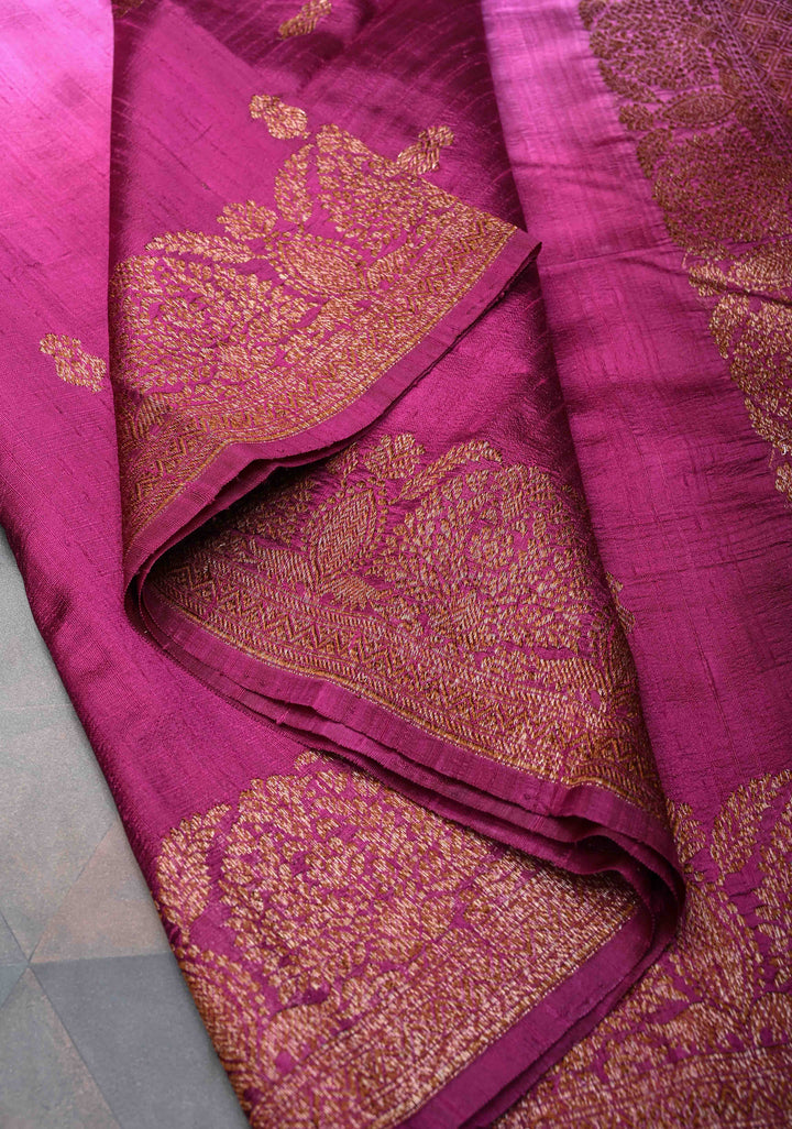 Raw Silk Banarasi Ombre Saree in Lavender, Magenta with Antique buttas and Zari Border | SILK MARK CERTIFIED