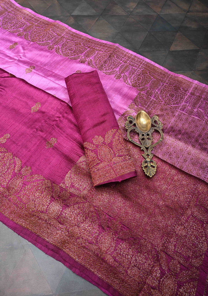 Raw Silk Banarasi Ombre Saree in Lavender, Magenta with Antique buttas and Zari Border | SILK MARK CERTIFIED