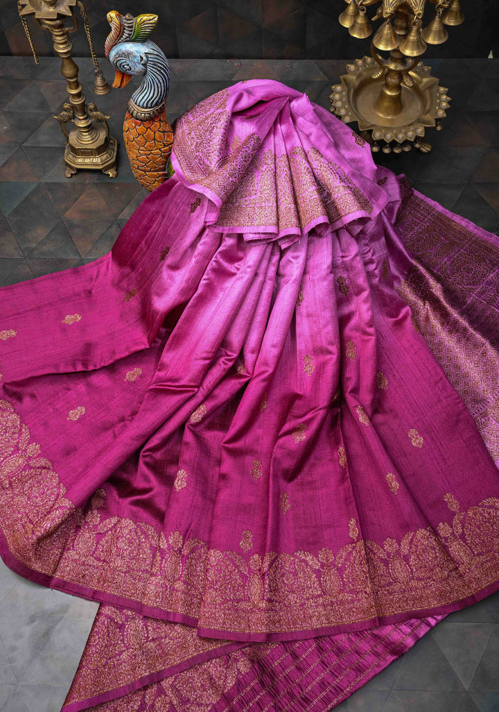 Raw Silk Banarasi Ombre Saree in Lavender, Magenta with Antique buttas and Zari Border | SILK MARK CERTIFIED