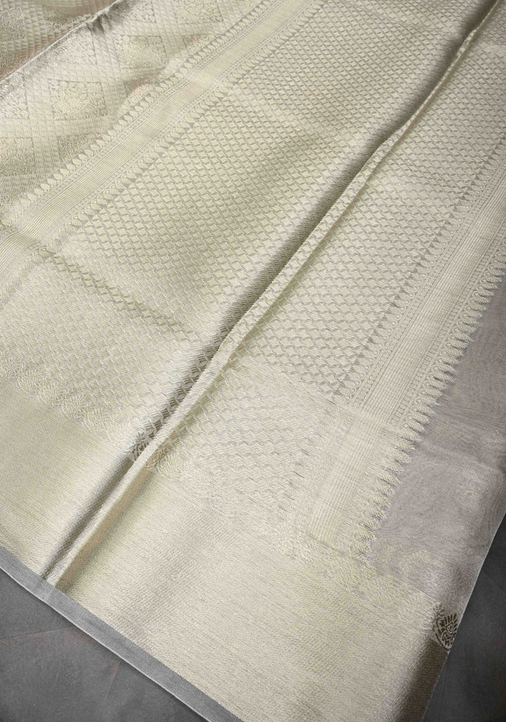 Light Beige  Banarasi Handwoven Tissue Organza Silk Saree With Geometric Brocade and Zari Border | SILK MARK CERTIFIED