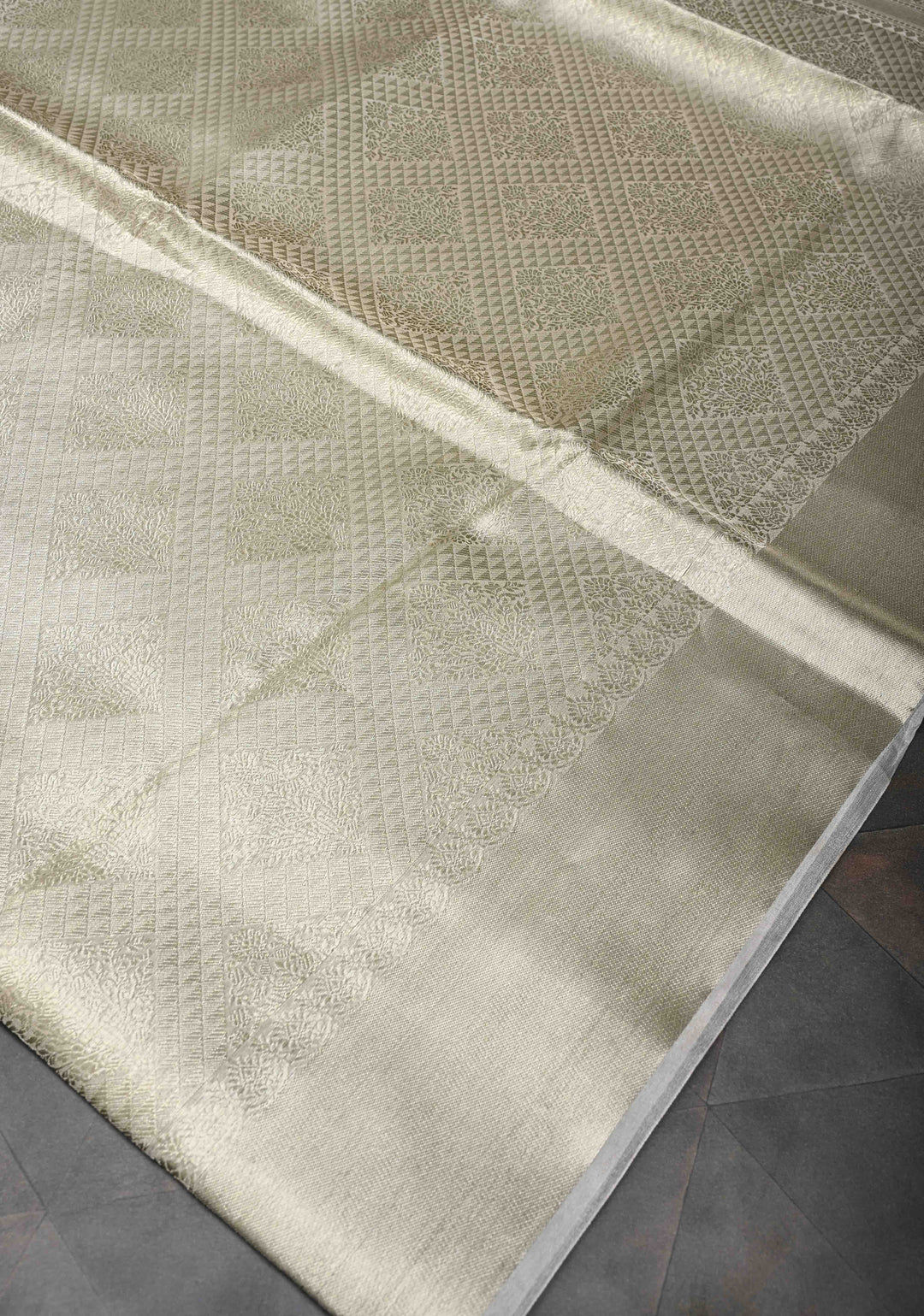 Light Beige  Banarasi Handwoven Tissue Organza Silk Saree With Geometric Brocade and Zari Border | SILK MARK CERTIFIED