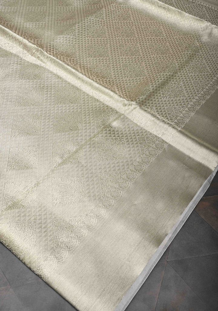 Light Beige  Banarasi Handwoven Tissue Organza Silk Saree With Geometric Brocade and Zari Border | SILK MARK CERTIFIED