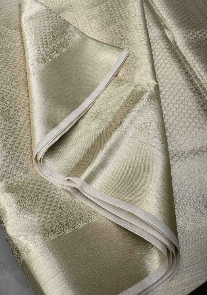 Light Beige  Banarasi Handwoven Tissue Organza Silk Saree With Geometric Brocade and Zari Border | SILK MARK CERTIFIED