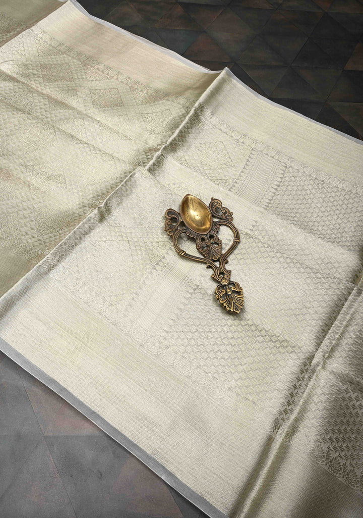 Light Beige  Banarasi Handwoven Tissue Organza Silk Saree With Geometric Brocade and Zari Border | SILK MARK CERTIFIED