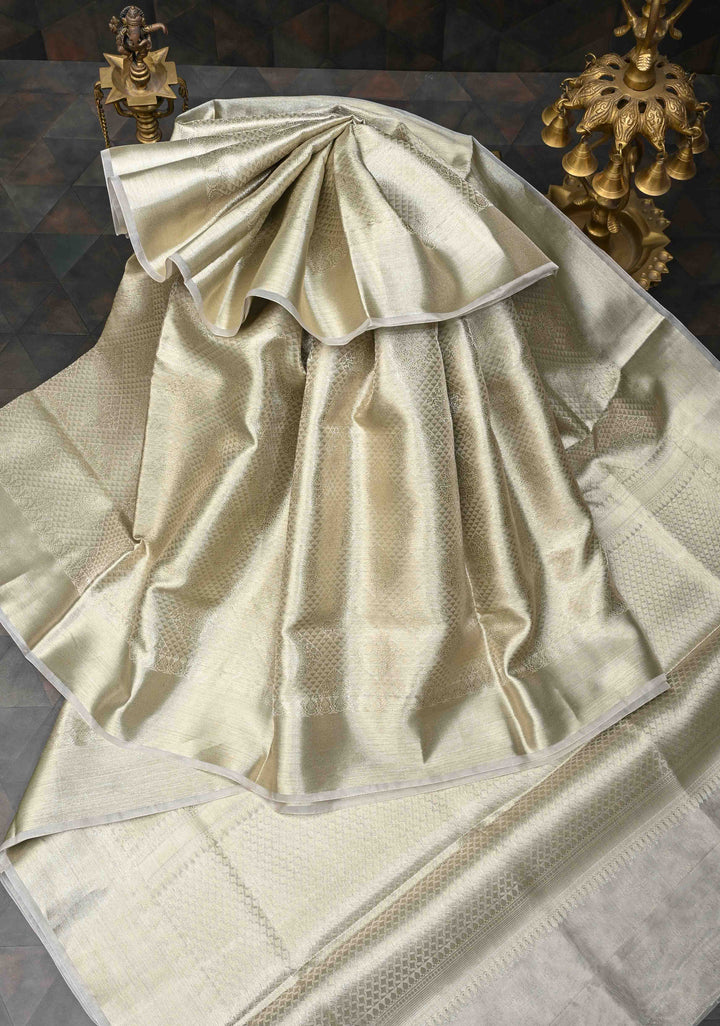 Light Beige  Banarasi Handwoven Tissue Organza Silk Saree With Geometric Brocade and Zari Border | SILK MARK CERTIFIED