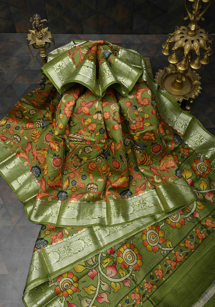 Green Banarasi Tussar Silk Saree with Kalamkari Digital Floral Print and Zari Border | SILK MARK CERTIFIED