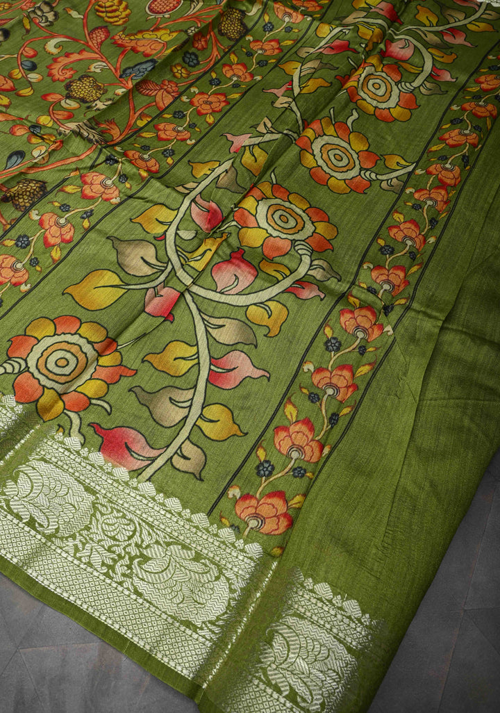 Green Banarasi Tussar Silk Saree with Kalamkari Digital Floral Print and Zari Border | SILK MARK CERTIFIED